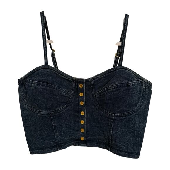 American Flirt NWT Women's L Y2K Festival Acid Wash Denim Crop Bodice Busty Top - Picture 1 of 9